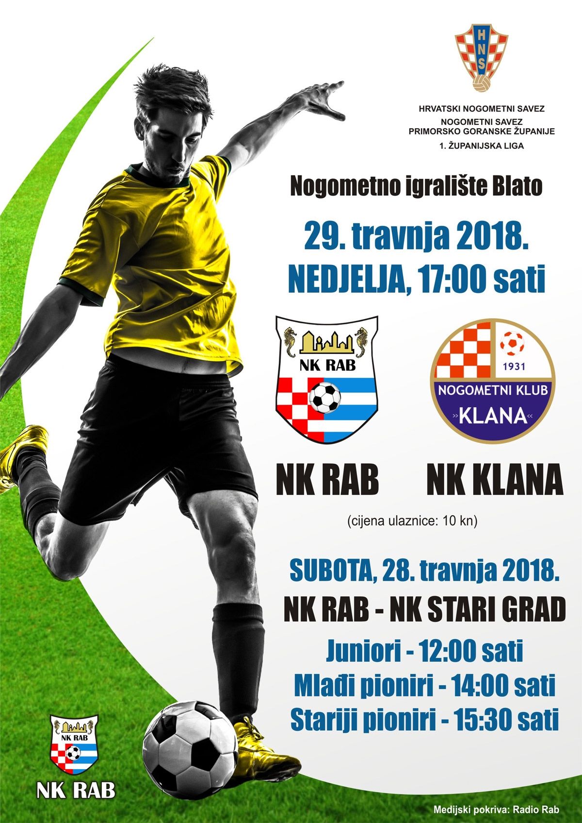 Nogometni vikend na Blatu – 1. ŽNL – susret između NK RABA i NK KLANE / (ned.) 29.4.2018. u 17:00h