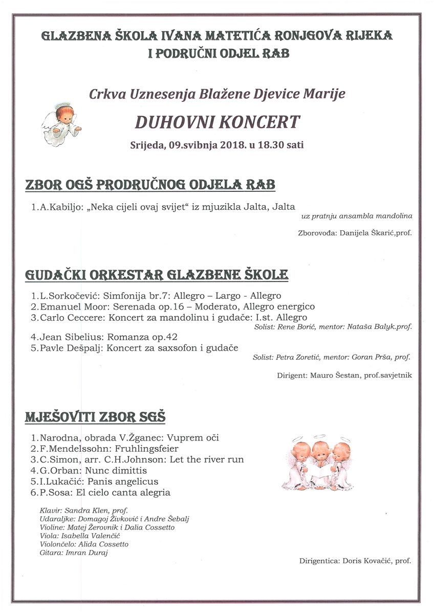 Duhovni koncert u organizaciji GŠ I. M. Ronjgova Rijeka s područnim odjelom Rab