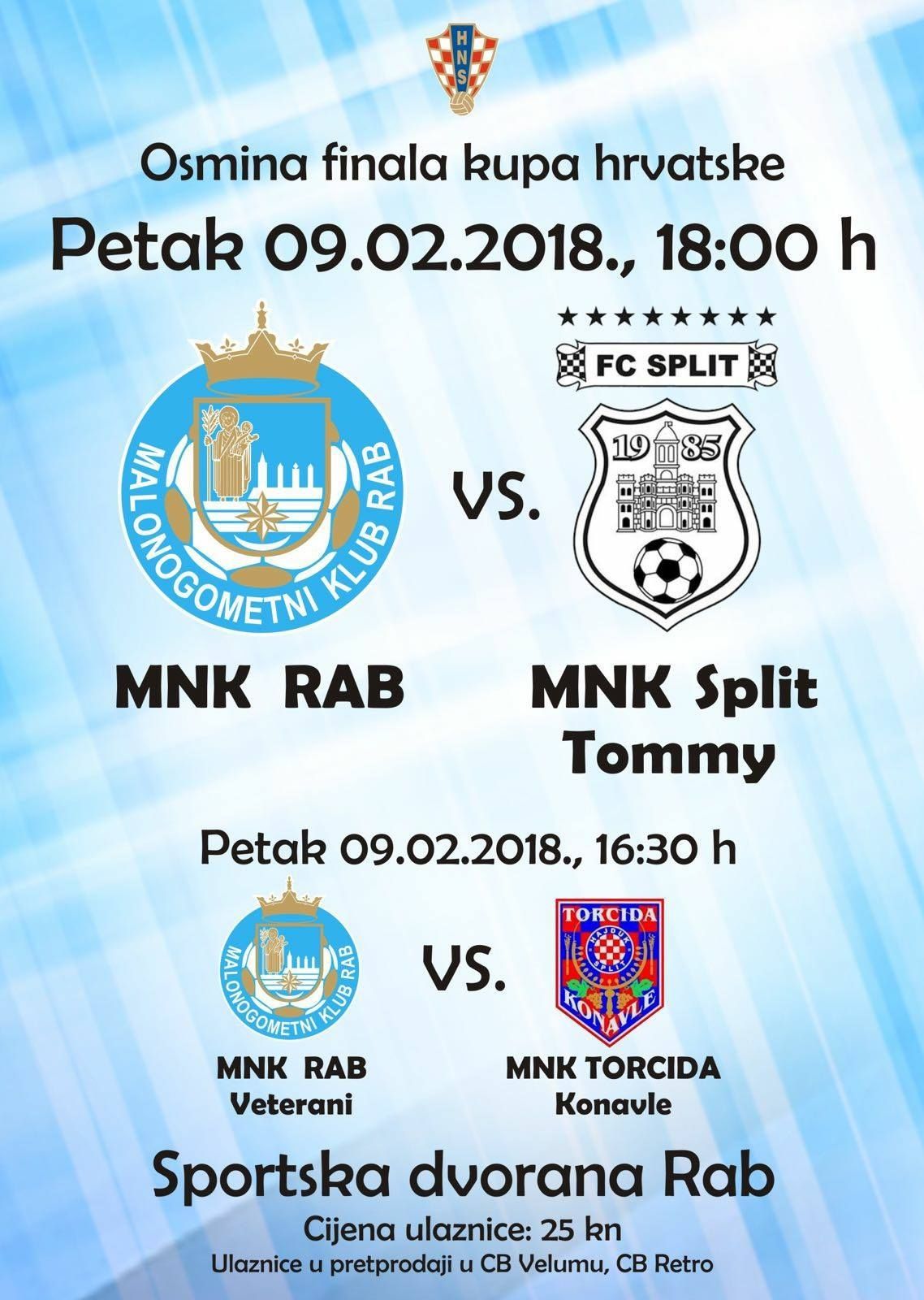 Osmina finala Kupa Hrvatske / MNK RAB – MNK SPLIT TOMMY / Pet., 9.2.2018. u 18 sati – Sportska dvorana Rab
