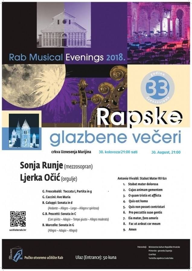 Rapske glazbene večeri – Koncert Sonje Runje (mezzosopran) i Ljerke Očić (orgulje) / Čet/Thu 30.8.2018. u 21,00h