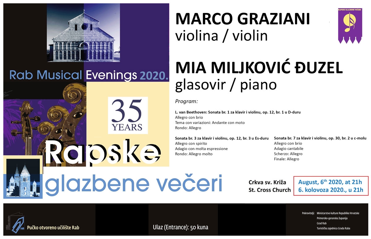35. RGV – Koncert | Marco Graziani, violina i Mia Miljković Đuzel, glasovir| (čet.) 6.8.2020. u 21h