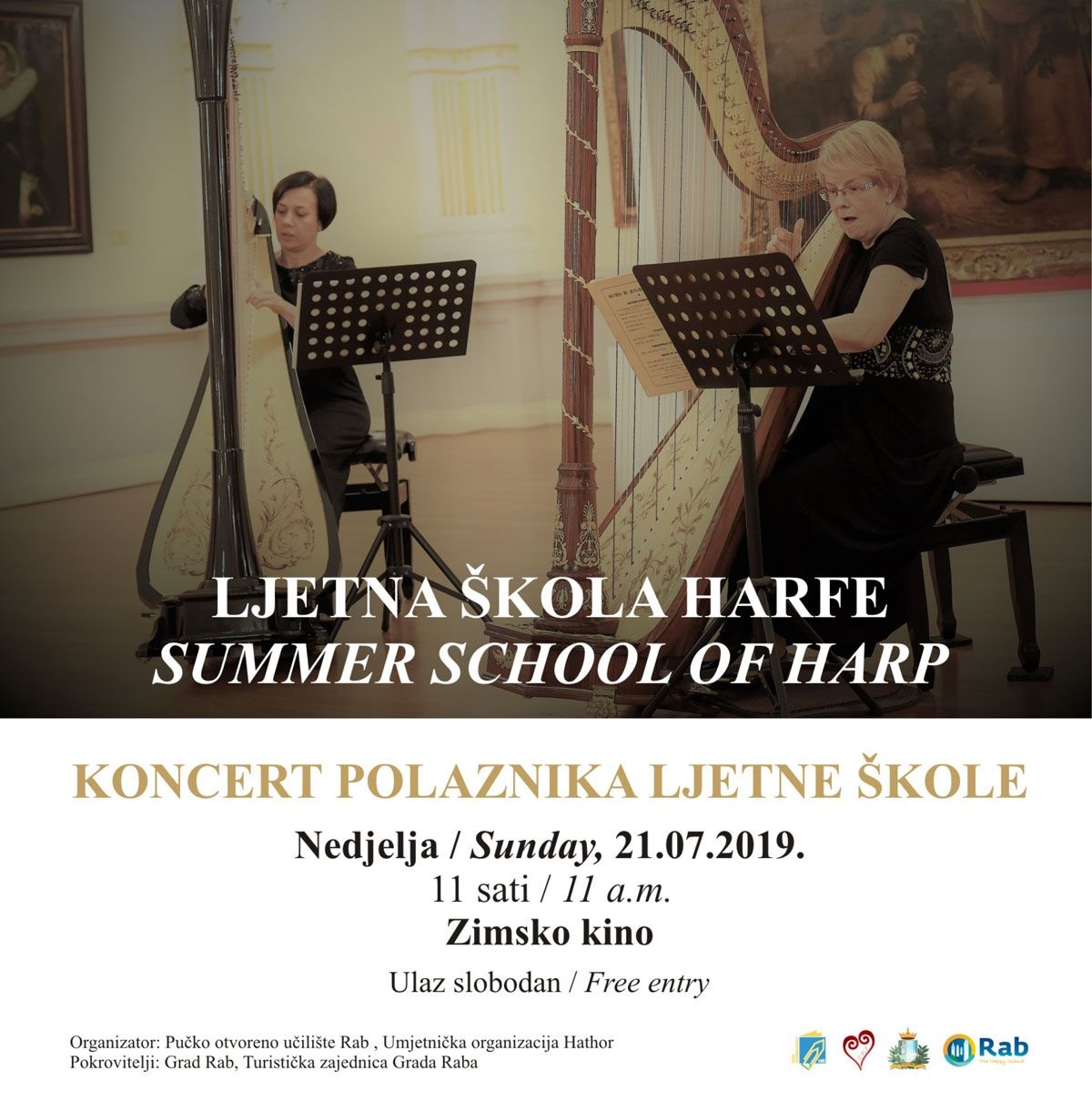 Završni koncert polaznika Međunarodne ljetne škole harfe na Rabu / (ned.) 21.7. u 11h – Zimsko kino Rab