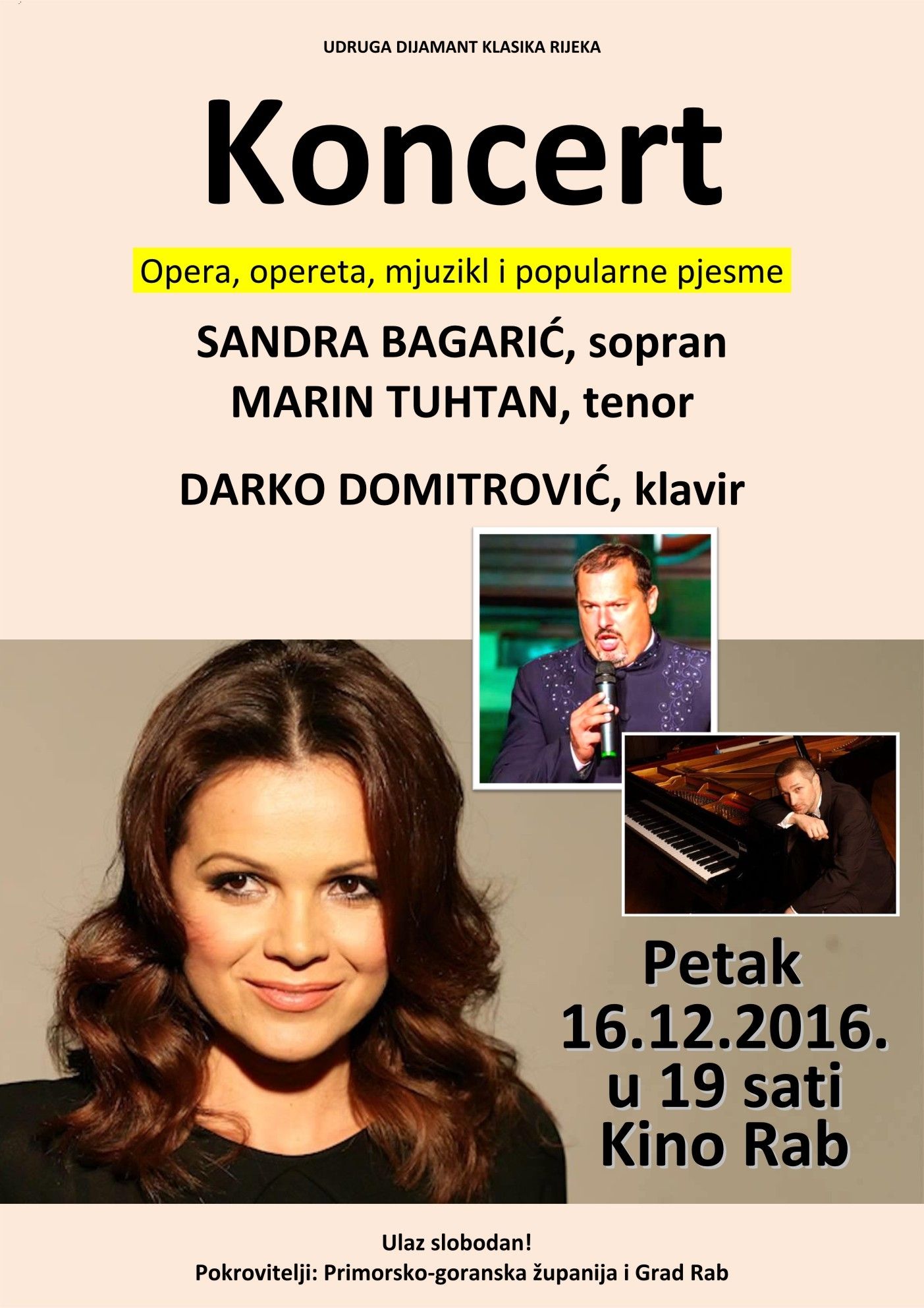 Koncert opera, opereta, mjuzikl i popularne pjesme – Sandra Bagarić i Marin Tuhtan / Petak, 16.12.2016 u 19.00 sati, Kino Rab