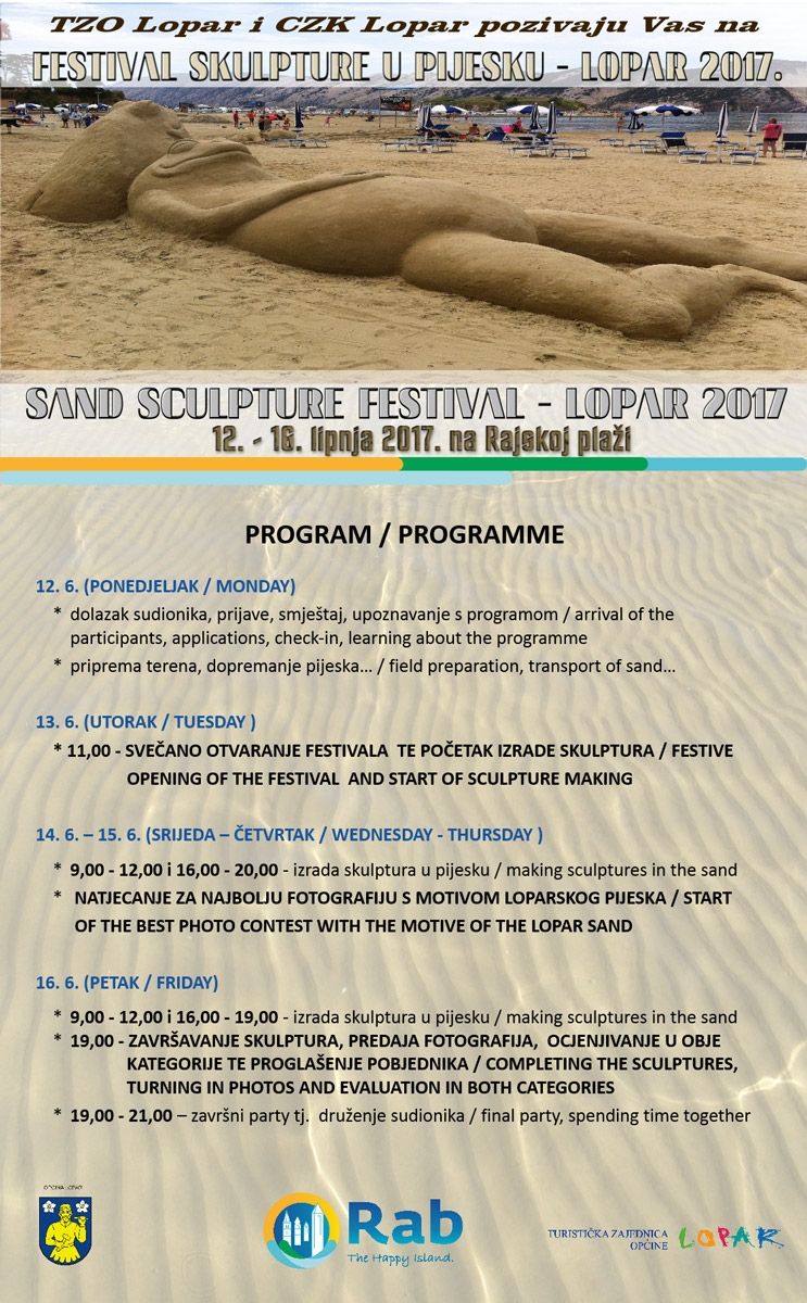 Skulpture od pijeska i vode na Rajskoj plaži – 6. Festival skulpture u pijesku / Lopar, 13. – 16. lipnja 2017.