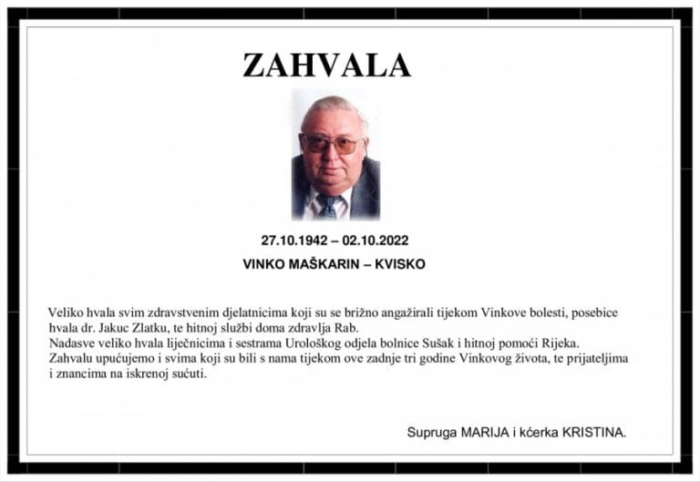Zahvala | VINKO MAŠKARIN – Kvisko
