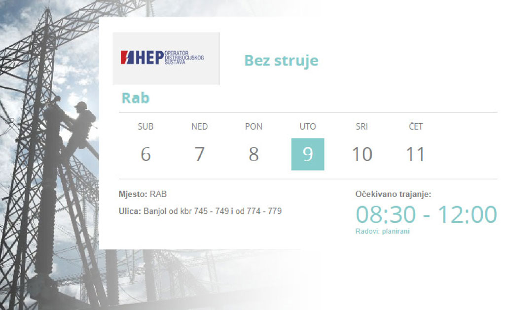 Obavijest o prekidu opskrbe el. energijom na području BANJOLA | (uto.) 9.1.2024. Obavijest o prekidu opskrbe el. energijom na području BANJOLA | (uto.) 9.1.2024.