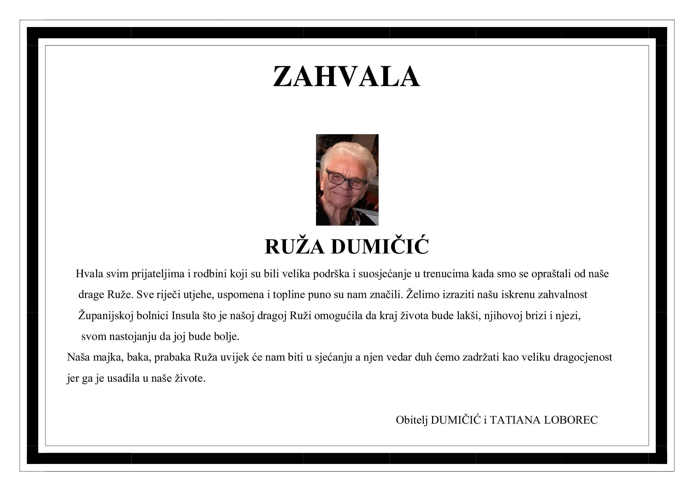 Zahvala – RUŽA DUMIČIĆ