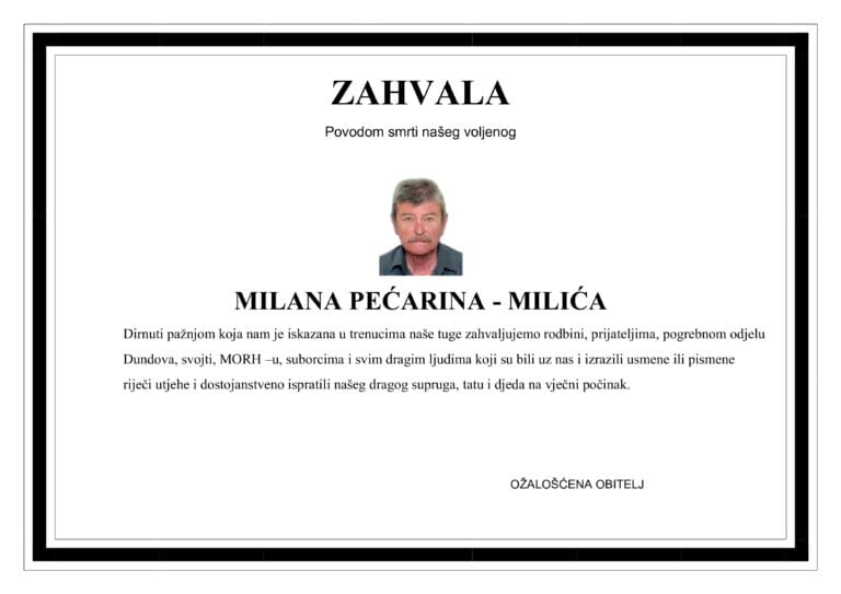Zahvala – MILAN PEĆARINA – Milić