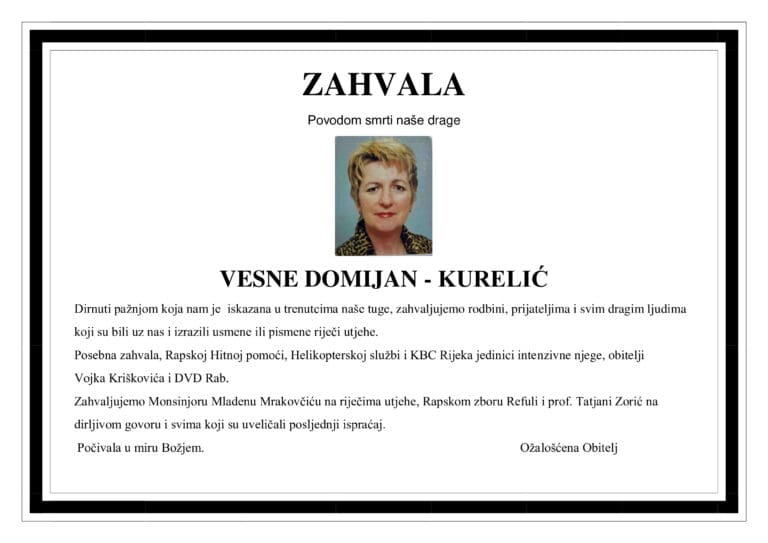 Zahvala – VESNA DOMIJAN – KURELIĆ
