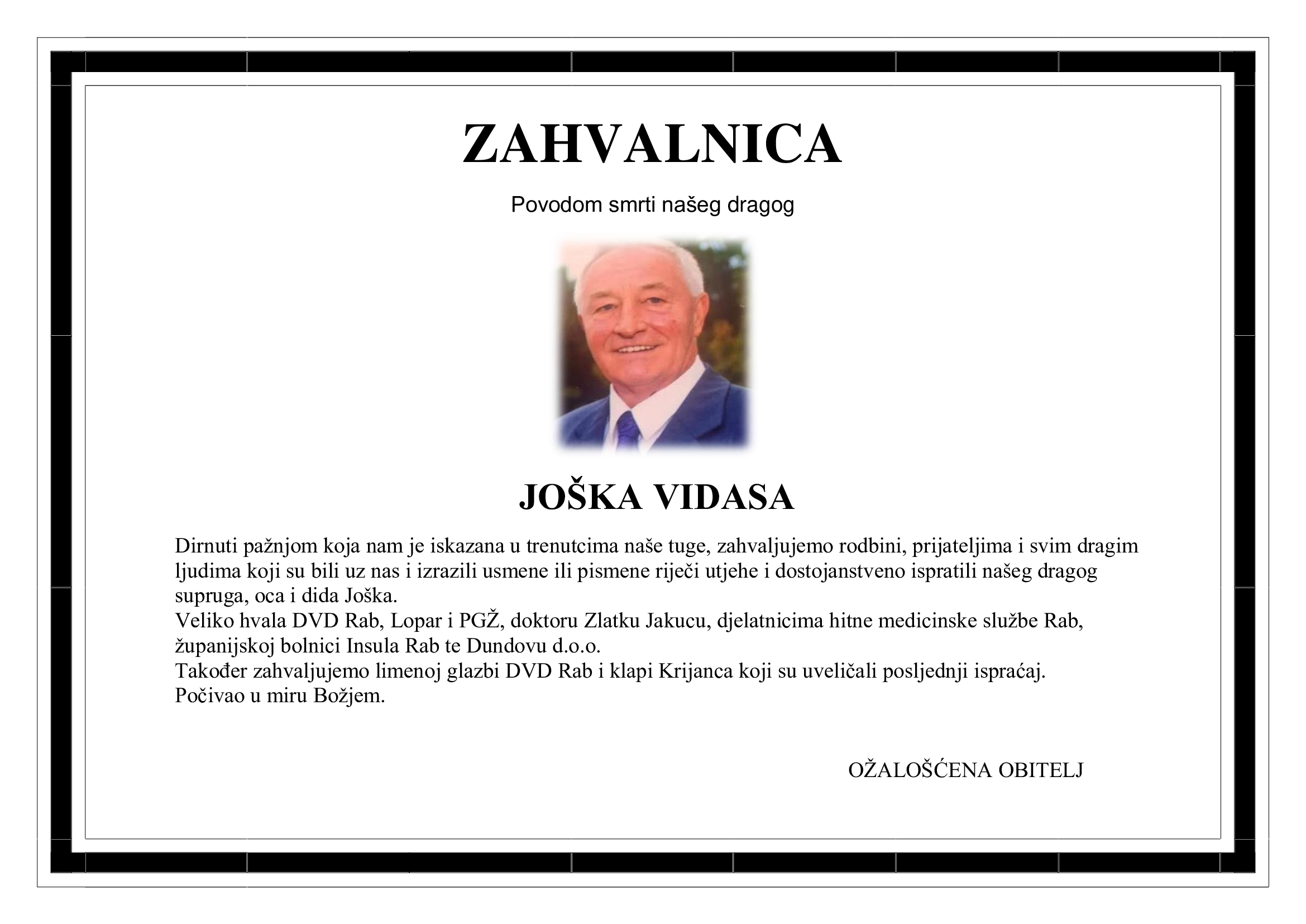Zahvala – JOŠKO VIDAS Zahvala – JOŠKO VIDAS