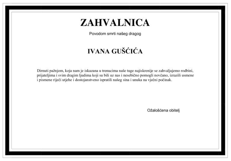 Zahvalnica – IVAN GUŠĆIĆ