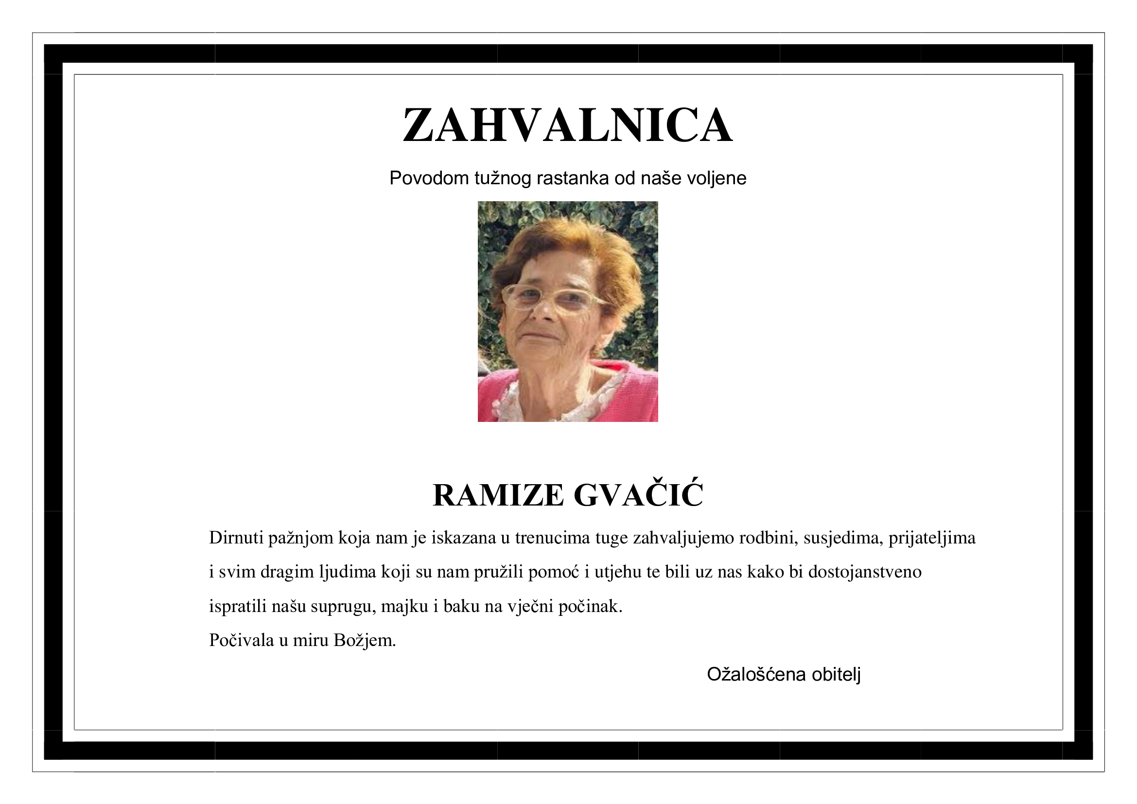 Zahvala – RAMIZA GVAČIĆ Zahvala – RAMIZA GVAČIĆ