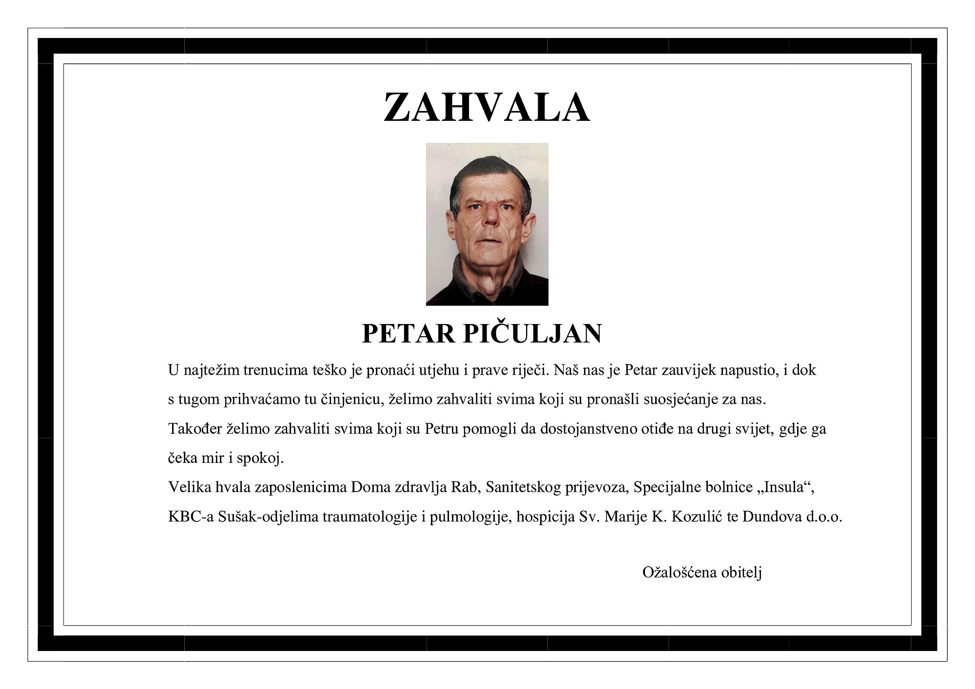 Zahvala – PETAR PIČULJAN