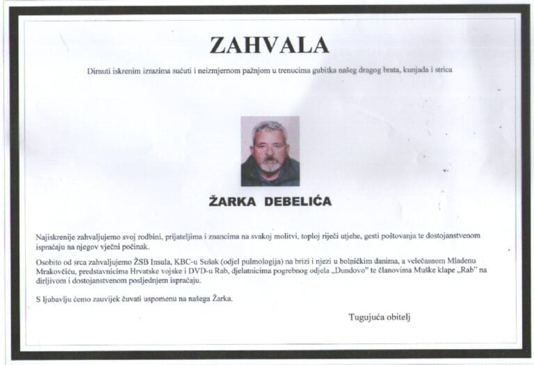 Zahvala –  ŽARKO DEBELIĆ