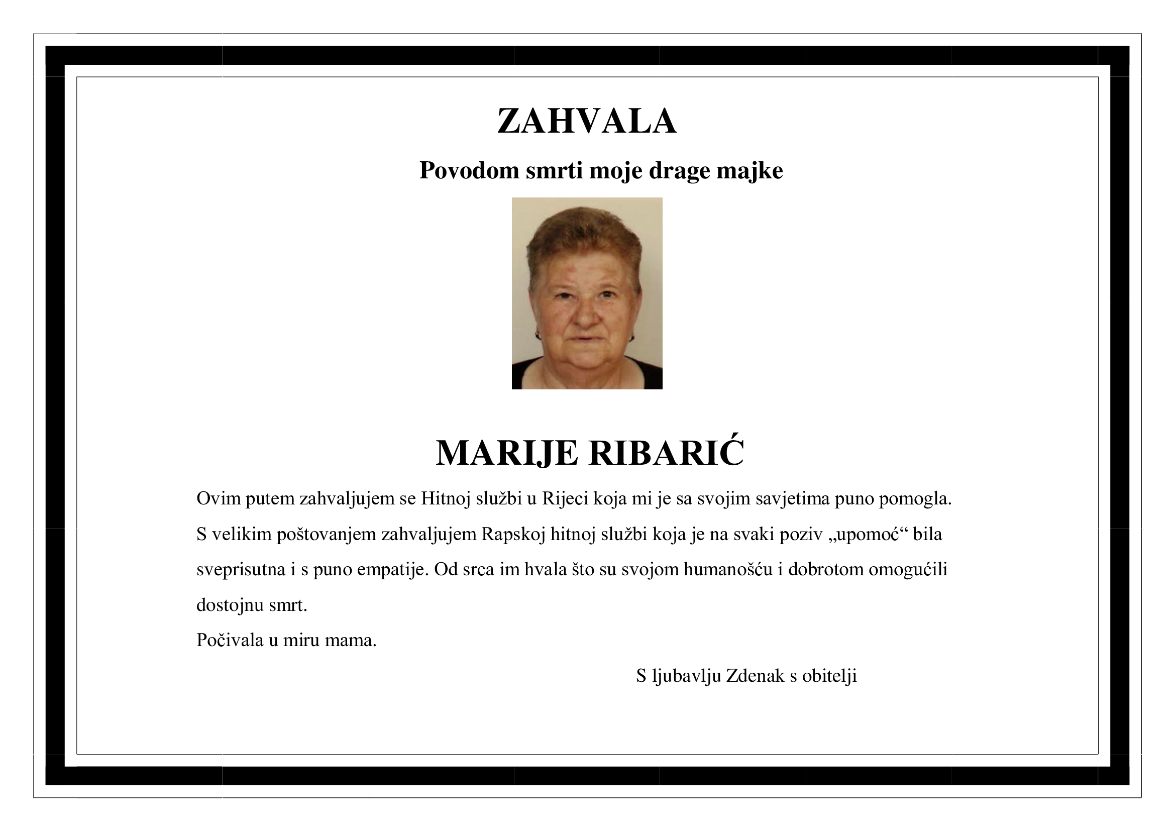 Zahvala – MARIJA RIBARIĆ