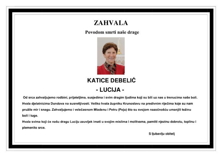 Zahvala – KATICA DEBELIĆ – LUCIJA rođ. Ribarić