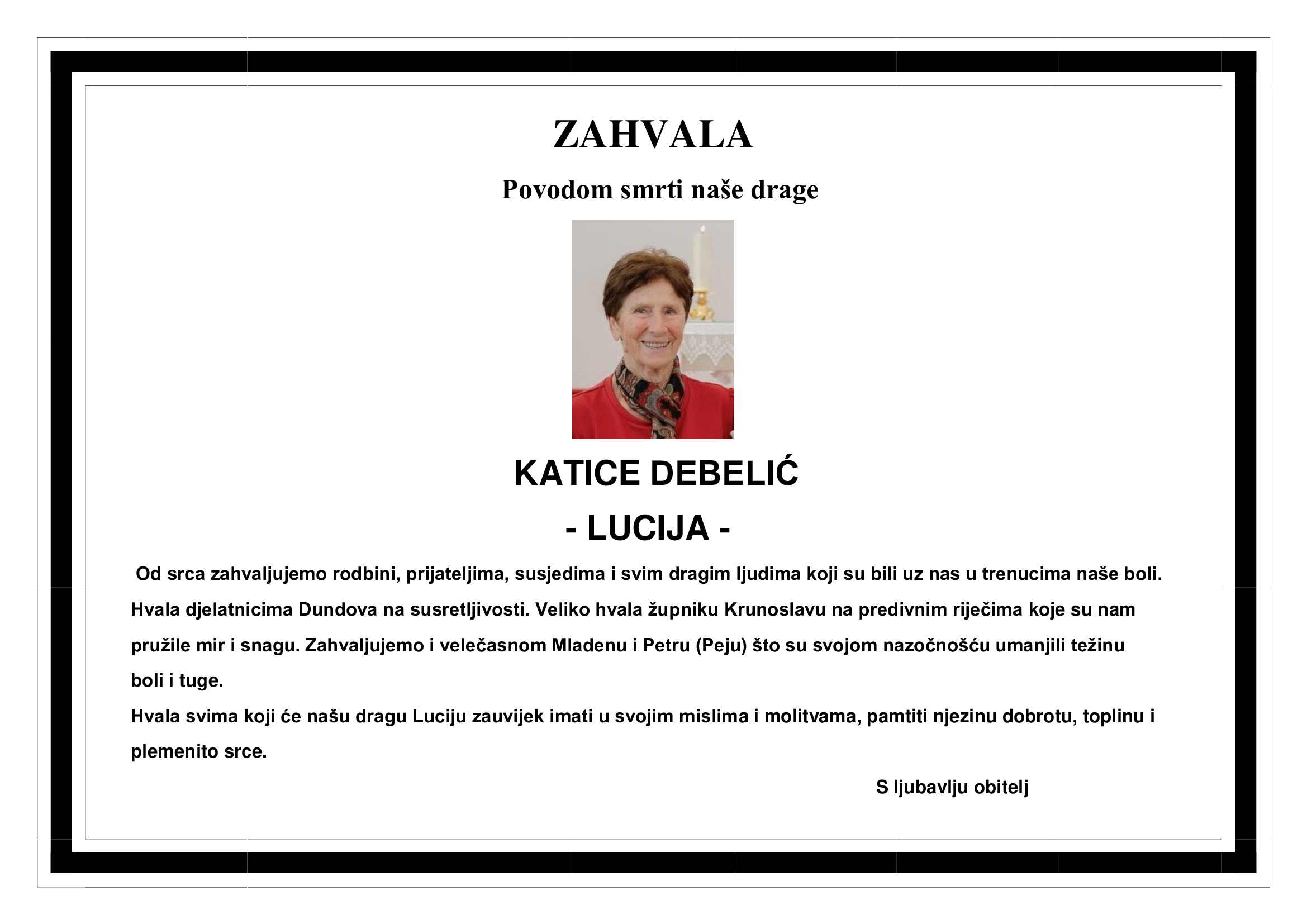 Zahvala – KATICA DEBELIĆ – LUCIJA rođ. Ribarić