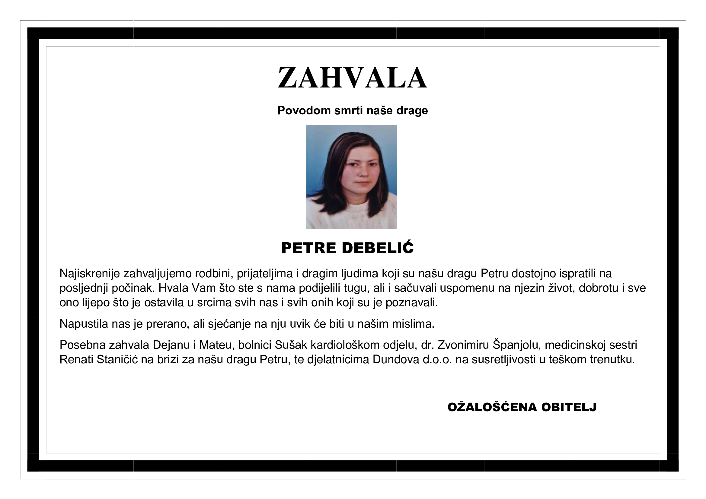 Zahvala – PETRA DEBELIĆ