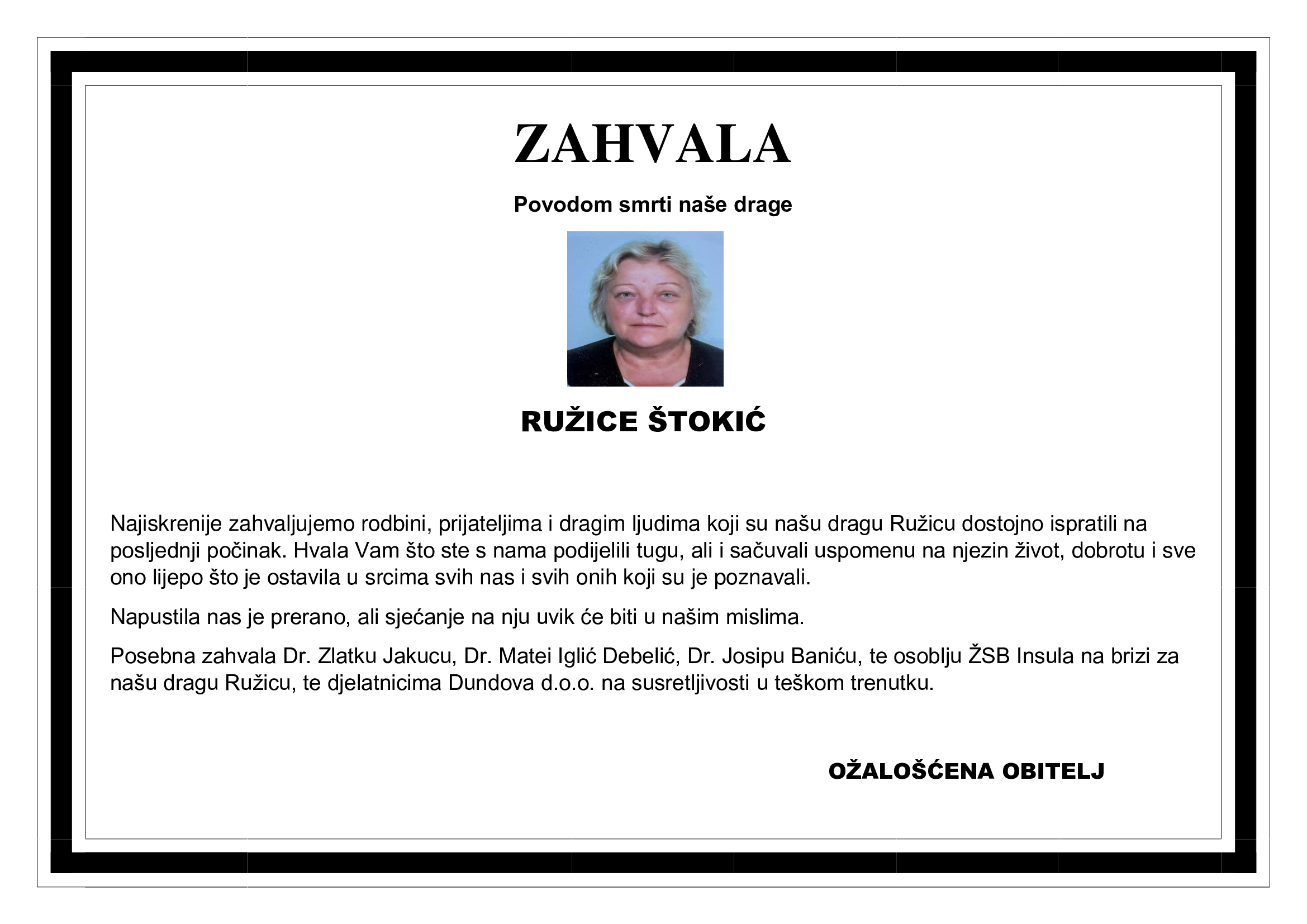 Zahvala – RUŽICA ŠTOKIĆ